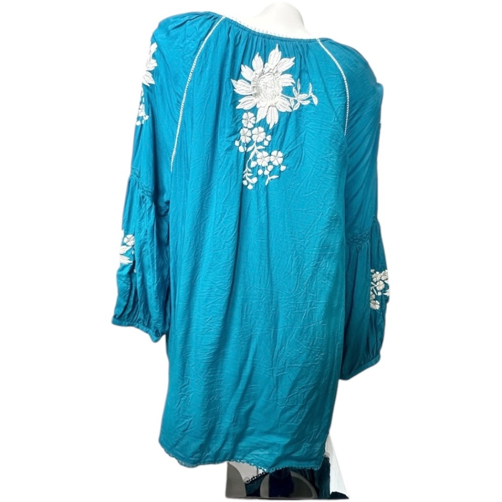 SUNDANCE Naomi Isles Modal Turquoise and Cream Long Sleeved Embroidered XL Tunic - Picture 2 of 13